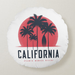 Coussins Ronds Plage de Santa Monica en Californie, palmier rétro