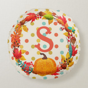 Coussins Ronds Plaisir automne citrouille wreath polka point turq