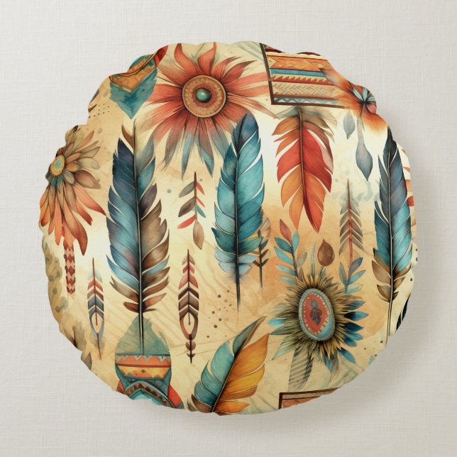 Coussins Ronds Plumes bleues de la tribu Aztec Boho (Devant)
