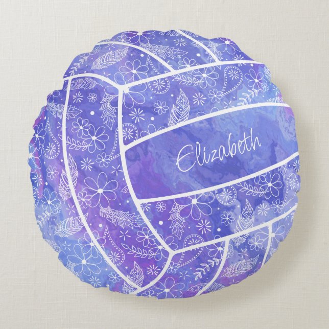 Coussins Ronds plumes cachemire motif floral violet volleyball (Devant)