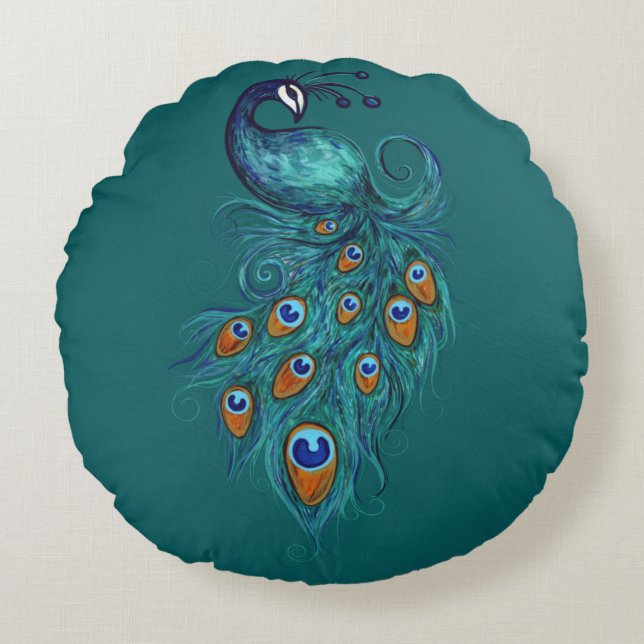 Coussins Ronds Plumes de paon Peacocks Turquoises (Devant)