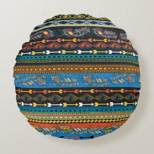 Coussins Ronds Plumes ethniques : Broderie Boho Chic
