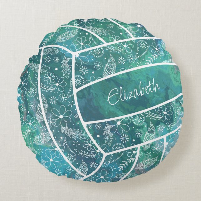 Coussins Ronds plumes paislies motif floral turquoise volleyball (Devant)
