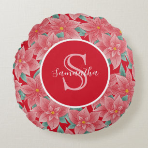 Coussins Ronds Poinsettia Rouge Clair Monogramme Personnalisé