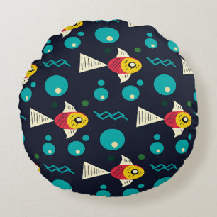 Coussins Ronds Poisson coloré avec vagues dans la mer. Géométrie 