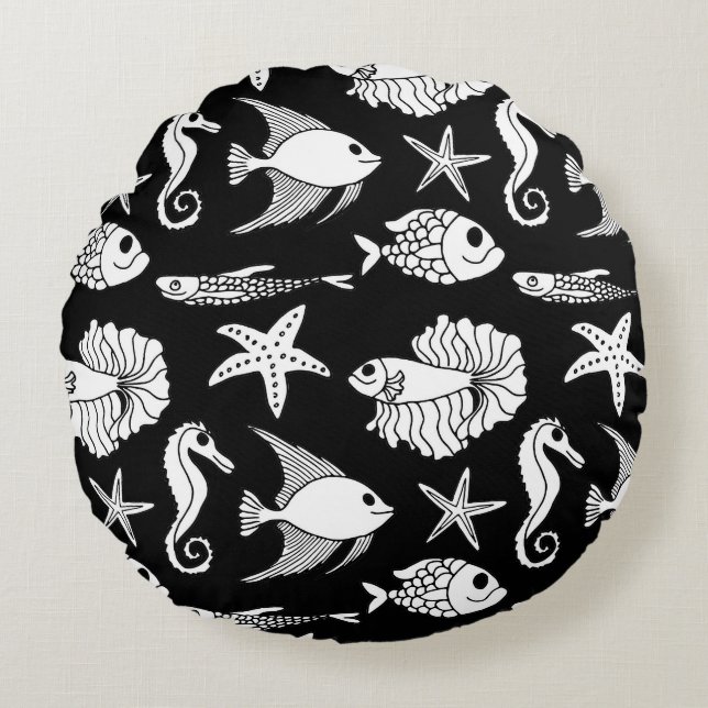Coussins Ronds Poisson Motif : Motif noir blanc. (Devant)
