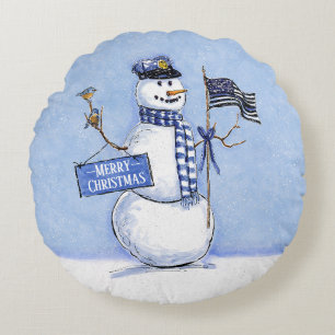 Coussins Ronds Police Mince Ligne Bleue Snowman Noël