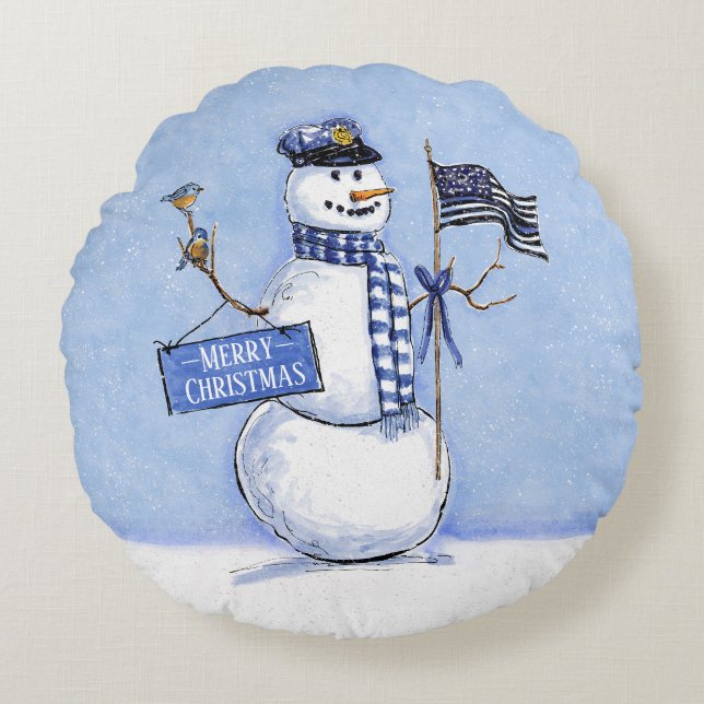 Coussins Ronds Police Mince Ligne Bleue Snowman Noël (Devant)