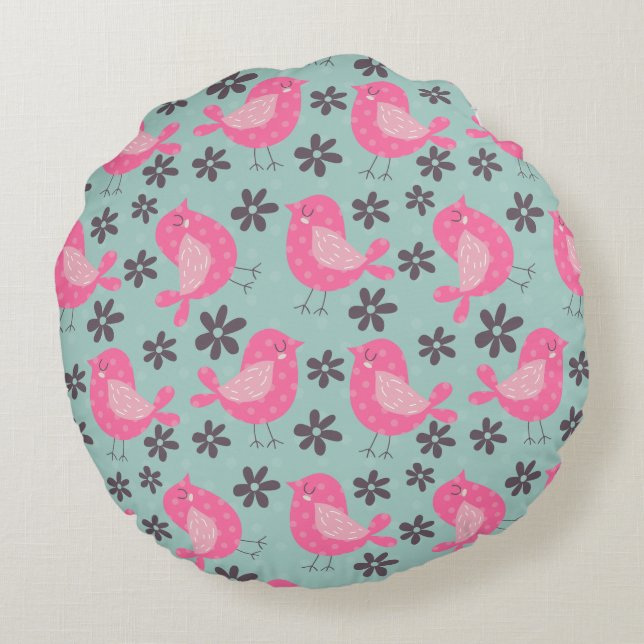 Coussins Ronds Polka Dot Birds and Flowers (Dos)