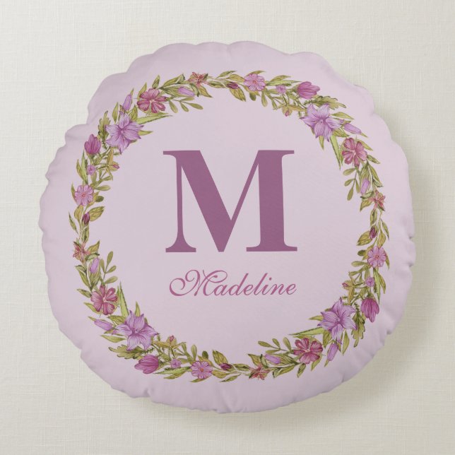 Coussins Ronds Pomme Floral Wreath Monogramme Girls Nursery (Devant)
