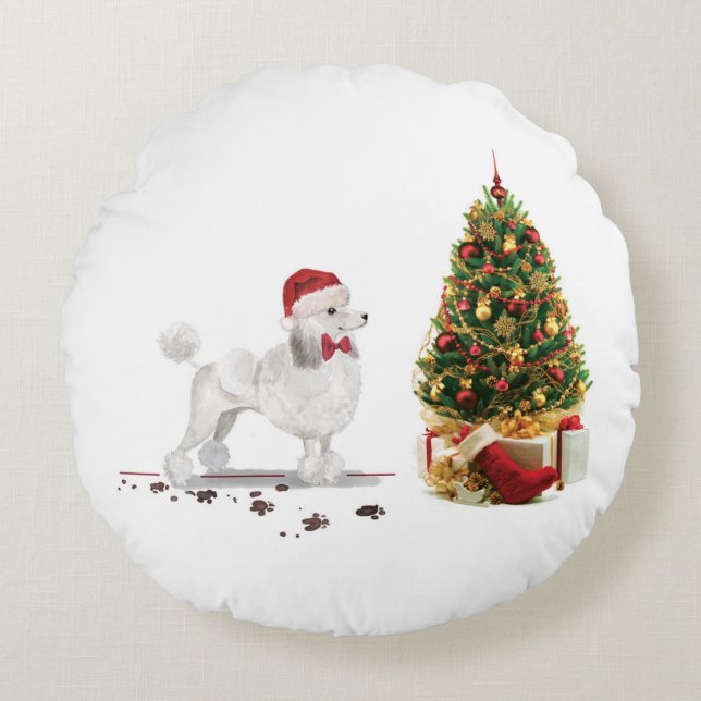 Coussins Ronds Poodle blanc Funny Chien de Noël avec arbre (Devant)