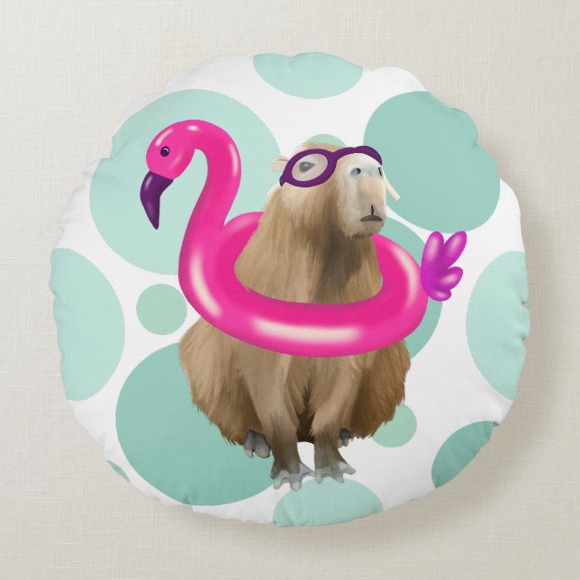 Coussins Ronds Pool Party Cute Capybara Avec Flotte Flamant rose  (Devant)