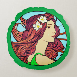 Coussins Ronds Portrait Art Nouveau d'une femme sur fond vert éme