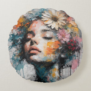Coussins Ronds Portrait de femme floral abstrait de luxe sur toil