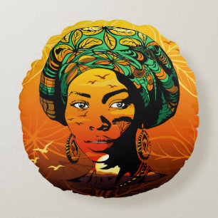 Coussins Ronds Portrait féminin africain avec coucher de soleil