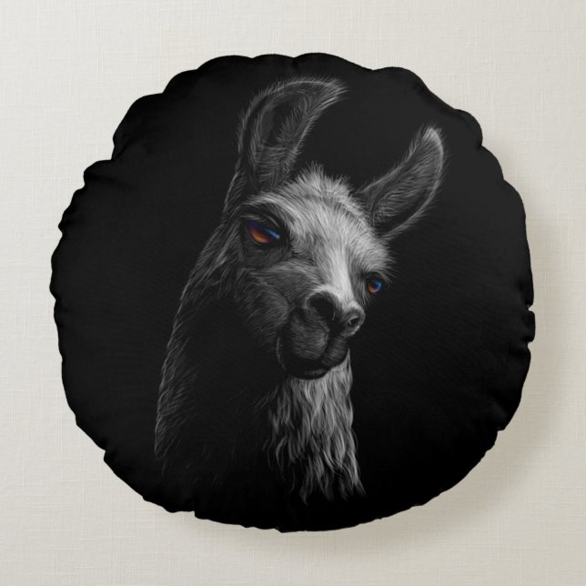 Coussins Ronds Portrait Head Cute Llama avec Arrière - plan noir (Devant)