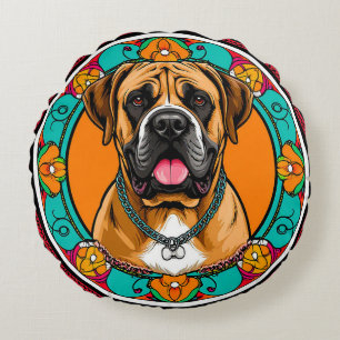Coussins Ronds Portrait majestueux de chien dans un mandala flora