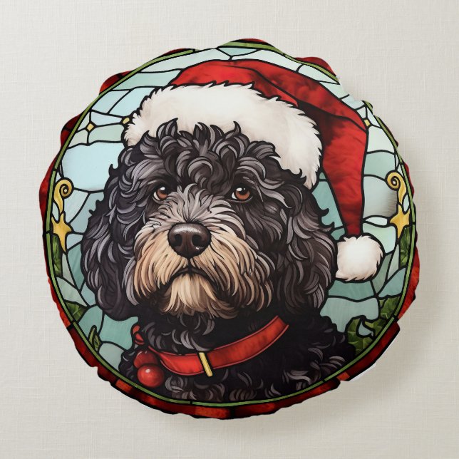 Coussins Ronds Portugais de l'eau Chien en verre tendu Noël (Dos)
