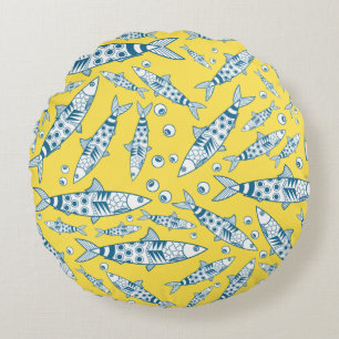 Coussins Ronds Portugais Lisbonne Sardines Motif Azulejos Jaune