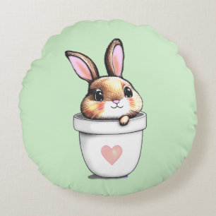 Coussins Ronds Pot de plante de lapin mignon sur vert citron clai