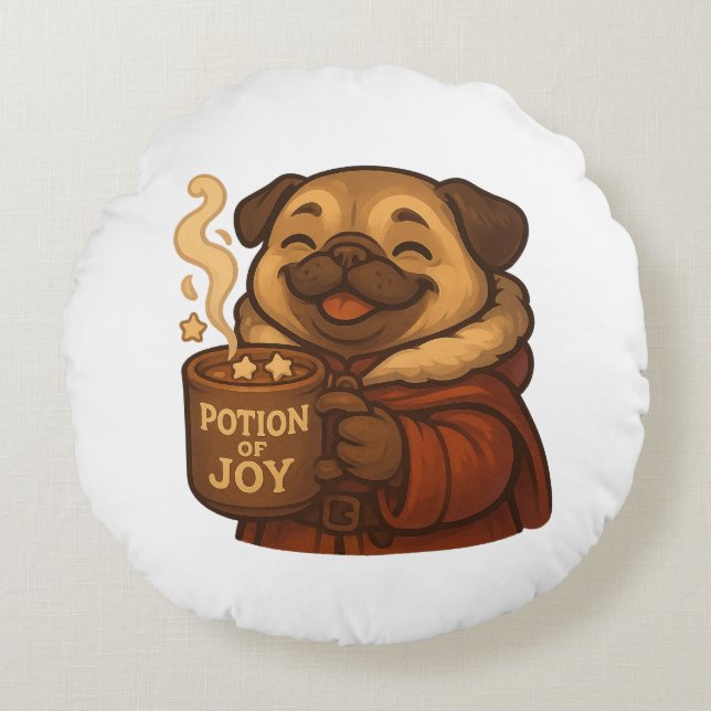 Coussins Ronds Potion of Joy Pug Pillow | Cute Cozy Christmas Dog (Devant)