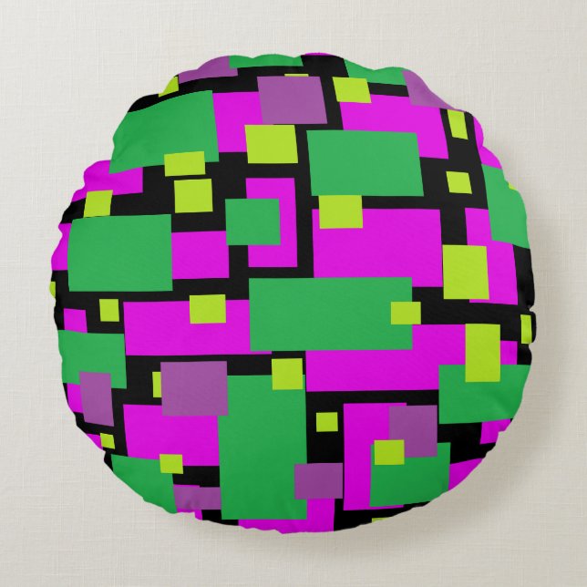 Coussins Ronds Pouf noir avec motif violet et vert (Devant)