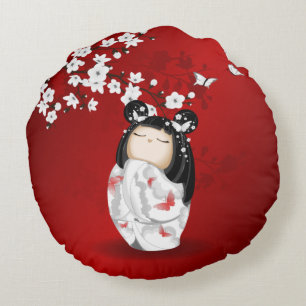 Coussins Ronds Poupée Kokeshi Rouge Noir Blanc Cerisier Fleurs