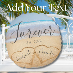 Coussins Ronds Poussière Chic Bleu Plage Couple Cœurs Sable 