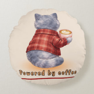 Coussins Ronds "Powered by Coffee" Cat Holding A Cup of Coffee