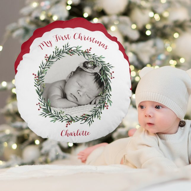 Coussins Ronds Premier Noël du bébé, photo avec nom (Baby's First Christmas, Photo With Name Round Pillow)