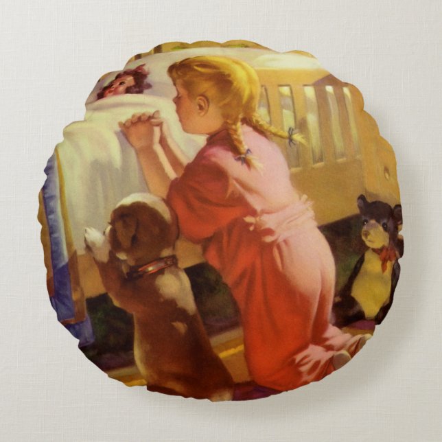 Coussins Ronds Prières au coucher, Fille avec chiot, Religion Vin (Devant)
