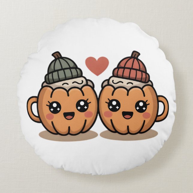 Coussins Ronds Pumpkin Couple Pillow – Cute Cozy Fall Home Décor (Devant)