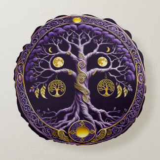 Coussins Ronds Purple and Gold Tree of Life Mandala