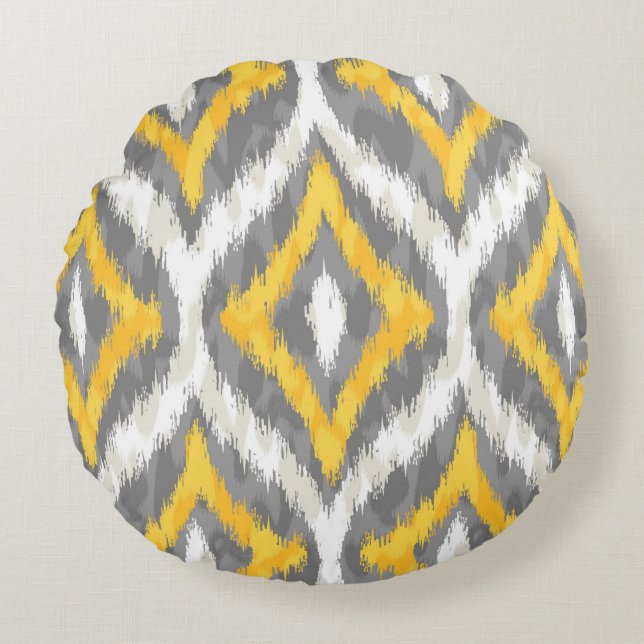 Coussins Ronds Quatrefoil Ikat Motif En Gris Et Jaune (Devant)