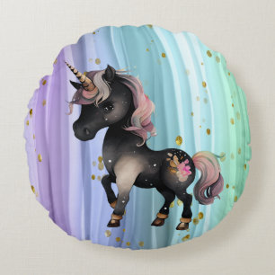 Coussins Ronds Queue noire Unicorne violette rose