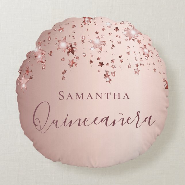 Coussins Ronds Quinceanera rose or monogramme nom scintille (Devant)