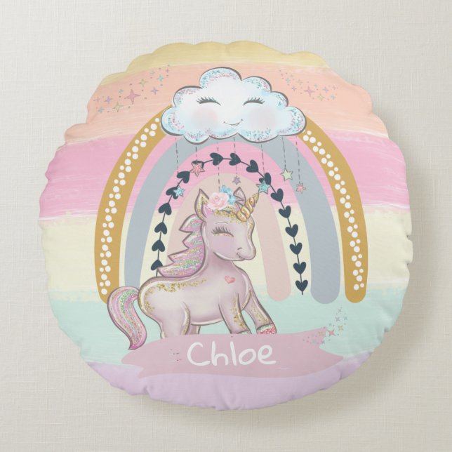 Coussins Ronds 🦄 Rainbow Unicorn Girl Nom personnalisé    (Devant)