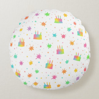 Coussins Ronds Rainbow Watercolor Birthday Cake Colorful Paint