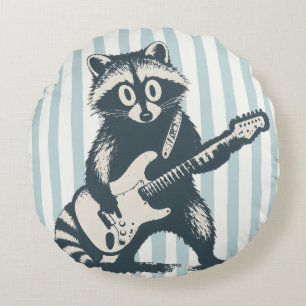 Coussins Ronds Raton laveur drôle jouant de la guitare électrique