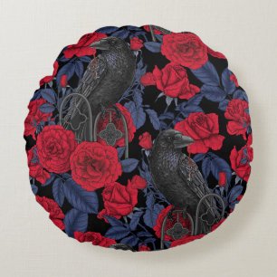 Coussins Ronds Ravages et roses avec des feuilles bleu foncé