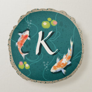 Coussins Ronds Réaliste Vert Japonais Koi Poisson Pond