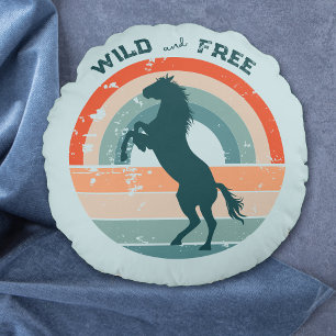 Coussins Ronds Rearing Blue Horse Retro Rainbow Wild Libre
