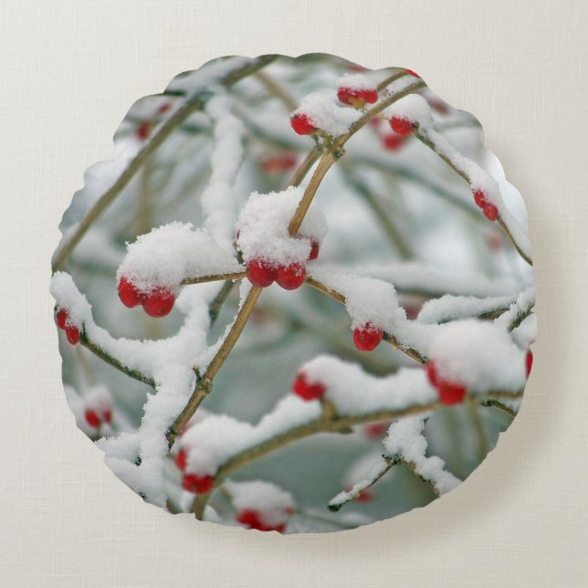 Coussins Ronds Red Berries in the Snow winter scene (Devant)