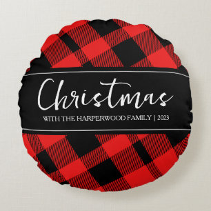 Coussins Ronds Red Buffalo Plaid Minimaliste Noël Nom de famille