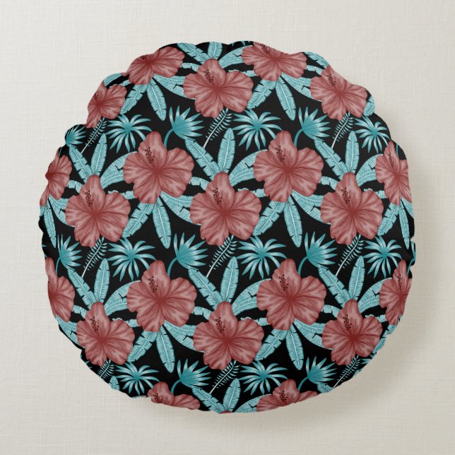 Coussins Ronds Red flowers tropical seamless pattern &blue leaves (Devant)
