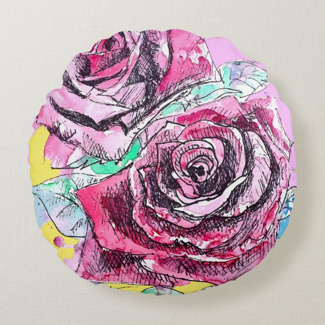 Coussins Ronds Red Rose Roses Watercolour Floral Flowers Flower (Devant)