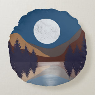 Coussins Ronds Réflexion de la lune de la forêt Abstraite rustiqu