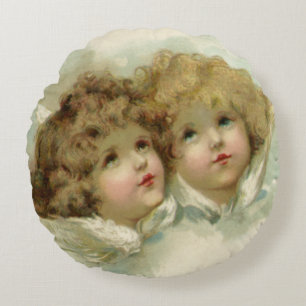 Coussins Ronds Religion Vintage, Anges Victoriennes dans les Nuag