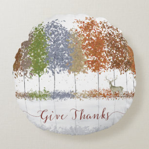Coussins Ronds Remerciez Thanksgiving Trees et Lone Deer