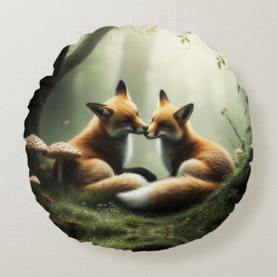 Coussins Ronds Renard câlin dans une forêt brumeuse 